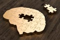 Brain from golden puzzles on the table, 3D rendering