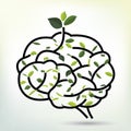 Brain With Green Leaf. Black Outline Vector Illustration.