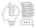 Brain with Growth Arrows, Coin Stack, and Speech Bubble Representing Ideas, Wealth, and Communication Royalty Free Stock Photo