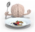 Brain with hands and fork in front of a cerealsi dish
