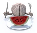 Brain with hands, fork and knife in front of a watermelon slice