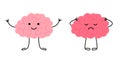 Brain happy healthy and sad sick characters. Check health brain mental organ. Headache, tired, pain, strain brain