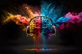 Brain with headphones, colorful powder paint explosion. Music Therapy Concept. AI generative