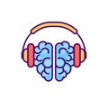 Brain with headphones. E-learning concept, online education logo. Mental health concept. Brain music logotype. Audio listening ill
