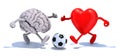 Brain and heart with his arms and legs running to a soccer ball