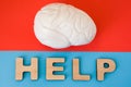 Brain with Help word. Anatomical model of human brain is on red background, below letters that make word Help on blue background.