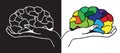 Brain hold hands black and white and colorful drawing, psychology, balance, vector, illustration