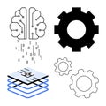 Brain icon with binary data, chip layers, and gear symbols representing AI and machine learning Royalty Free Stock Photo