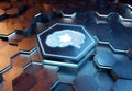 Brain icon concept engraved on metal hexagonal pedestral background. Artificial intelligence symbol glowing on abstract digital Royalty Free Stock Photo