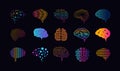 Brain icons. Psychology outline symbols. Neurology science. Cyber technology. Head in front view. Genius cerebrum. Logic