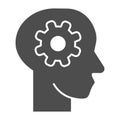 Brain idea in mind solid icon. Gear in head, solution wheel symbol, glyph style pictogram on white background. Teamwork Royalty Free Stock Photo