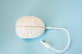Brain with inserted in socket plug wire or charging cord. Concept technology wired transmission of data, information, knowledge in