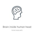 Brain inside human head icon. Thin linear brain inside human head outline icon isolated on white background from human body parts Royalty Free Stock Photo