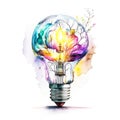 Brain inside a light bulb, dreamy, watercolor art on white background