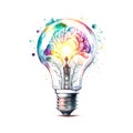 Brain inside a light bulb, dreamy, watercolor art on white background