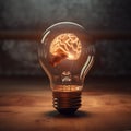 Brain inside the light bulb, human brain with left and right cerebral inside the electric light bulb, AI generated