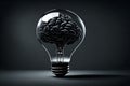 brain inside light bulb, simple abstract black crystal background.