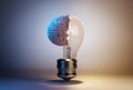 A brain integrated into a lightbulb symbolizing innovation, on a gradient background, creative concept in interior design. 3D