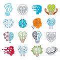 Brain and intelligence icons or logos concepts set. Artificial Intelligence, Bright Mind, Brain Training, Feelings soul