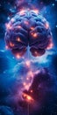Brain with interstellar connections symbolizing complex neural networks against a cosmic backdrop