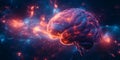 Brain with interstellar connections symbolizing complex neural networks against a cosmic backdrop. Stellar Synapse Network