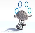 Brain juggle with arms and legs rides a unicycle