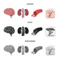 Brain, kidney, blood vessel, skin. Organs set collection icons in cartoon,black,monochrome style vector symbol stock