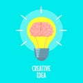 Brain in light bulb. Creative idea metaphor, conceptual strategy. Brainstorm, innovation solution icon, flat vector