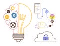 Brain and Lightbulb Design with Gears, Cloud Security, and Innovation Flow Diagrams Royalty Free Stock Photo