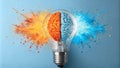 Brain in Lightbulb Dual Hemispheres, Paint Splatter, Creative Concept Royalty Free Stock Photo