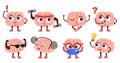 Brain mascot. Smart and strong character do sport exercises, read education book and answers questions cartoon vector