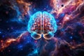 Brain Model Glowing with Blue Light Against Nebula Starry Background Featuring Cosmic Dust Clouds and Vibrant Colors for Science Royalty Free Stock Photo