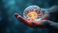 Brain Model on Hand with Glowing Synapses on Dark Teal Backdrop Represents Neurology Cognitive Science or Artificial Intelligence Royalty Free Stock Photo