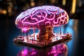 The brain model placed on an electronic circuit board signifies the intersection of technology and human cognition