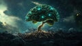 A brain morphs into a tree with illuminated neural branches and roots, representing the journey of growth and the
