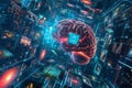 Brain with neuralink chip in a dynamic digital environment, AI and technology