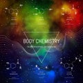 Brain neuro biology chemistry scientific illustration with hormones and neurotransmitters. Serotonin, dopamine, adrenaline,
