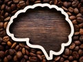 Brain outline with space for inscription surrounded by roasted coffee beans for energy and cheerfulness. Royalty Free Stock Photo