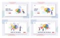 Brain Parts Landing Page Template Set. Tiny Characters at Human Brain Separated on Frontal, Parietal, Occipital Lobes