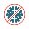 Brain with prohibition sign, stop thinking colored icon. Transplantation, amputation internal organ, no brain