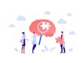 Brain research and mental disease study concept. Vector flat people illustration. Doctor scientist team with magnifier glass and