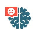 Brain with sad face in chat bubble colored icon. Diseased internal organ, the main organ of the central nervous system