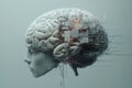 A brain seamlessly integrates with AI components like circuits and holographic displays, showcasing the fusion of