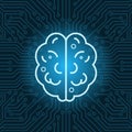 Brain Shape Icon Over Blue Circuit Motherboard Background Top View