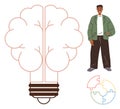 Brain-shaped light bulb with puzzle and confident person symbolizes creativity and innovation Royalty Free Stock Photo