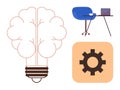 Brain-Shaped Lightbulb with Gear Icon and Minimalist Workspace for Creativity and Innovation Royalty Free Stock Photo