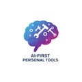 A brain-shaped logo in blue and purple gradient, featuring white tools and gears, Royalty Free Stock Photo