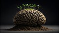 Brain-shaped soil supports green plants and represents growth and creativity Royalty Free Stock Photo