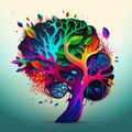 Brain-Shaped Tree Art Illustration with Vibrant Colors and Dynamic Compositions Royalty Free Stock Photo