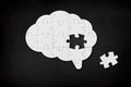 Brain shaped white jigsaw puzzle on black background, a missing piece of the brain puzzle, mental health and problems with memory Royalty Free Stock Photo